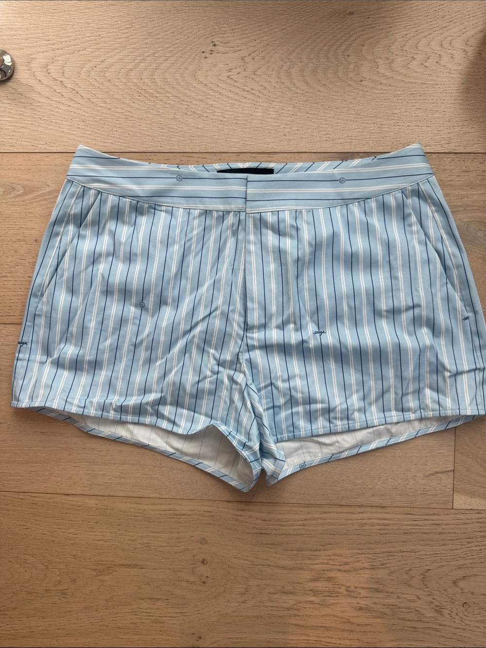SER.O.YA Light Blue & White Striped Women's Flat Front Shorts